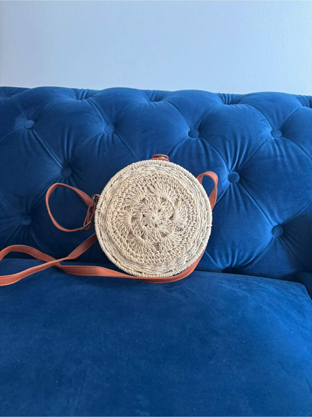 Round Woven Straw Bag with Leather Strap