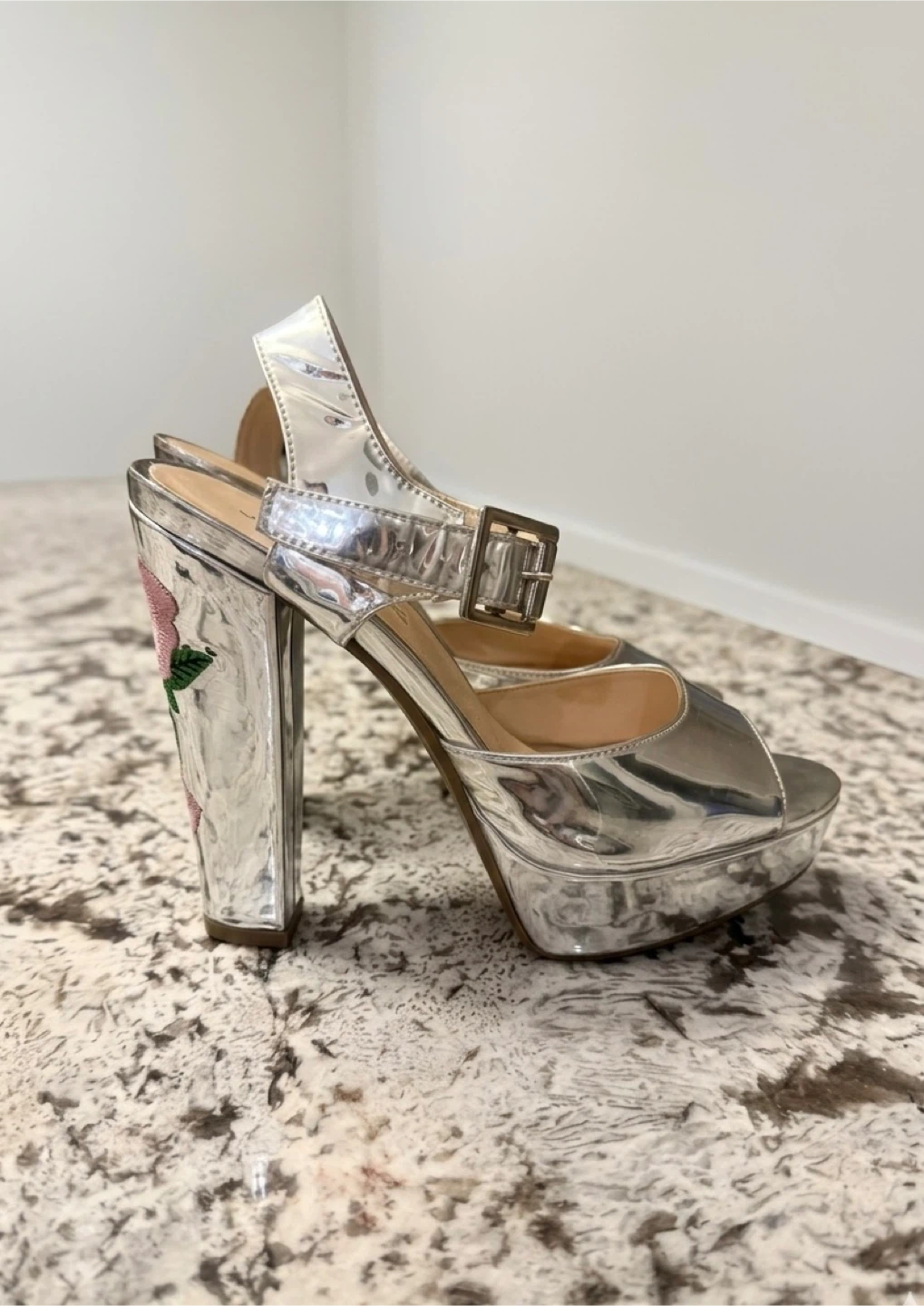 Silver Embellished Platform Heels with Floral Detail