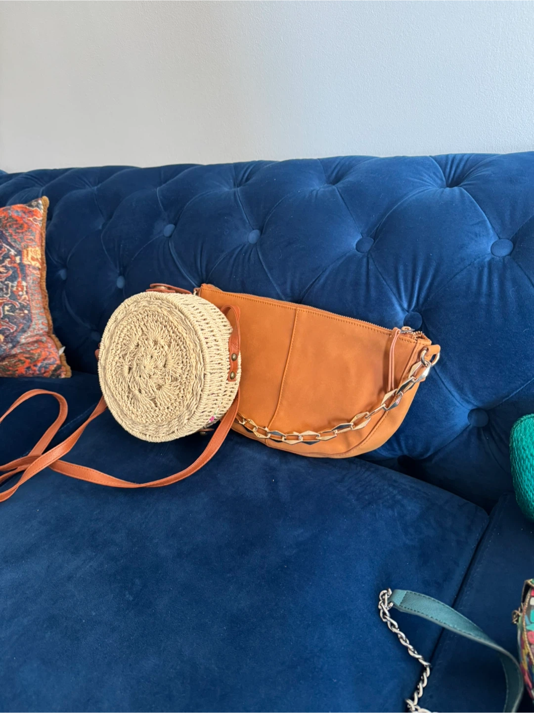 Tan Crescent Shoulder Bag with golden Chain Strap