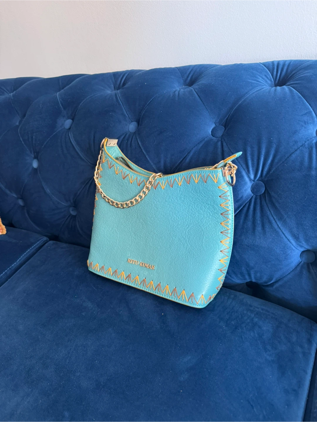 Ritu Kumar Teal Handbag with Gold Chain