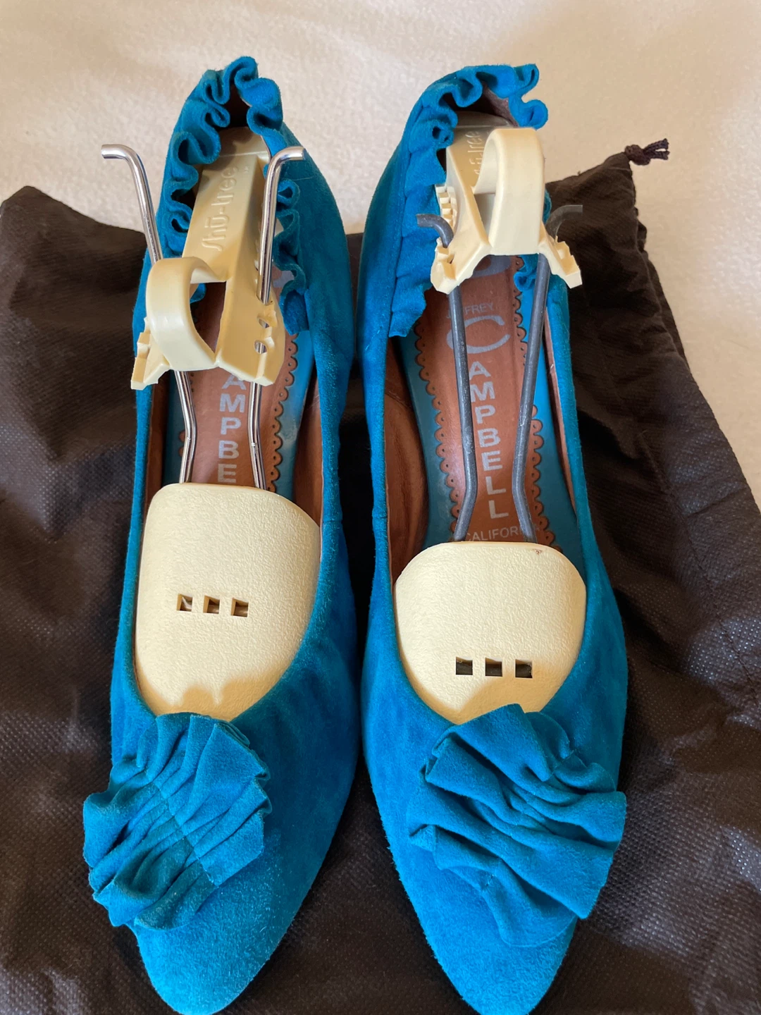 Frey Campbell Teal Suede Ruched Heels