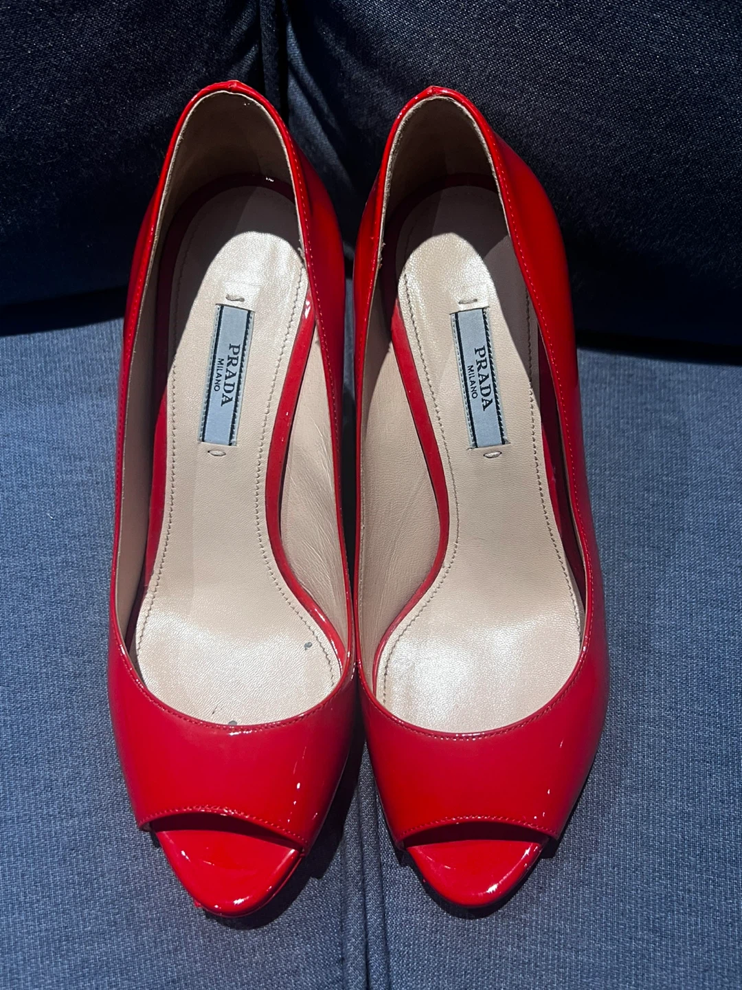 Prada Red Patent Leather Peep-Toe Heels - Size 37
