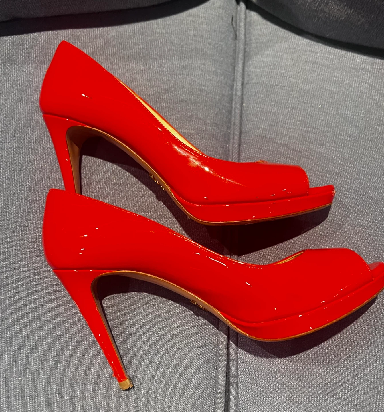 Prada Red Patent Leather Peep-Toe Heels - Size 37 - photo 4
