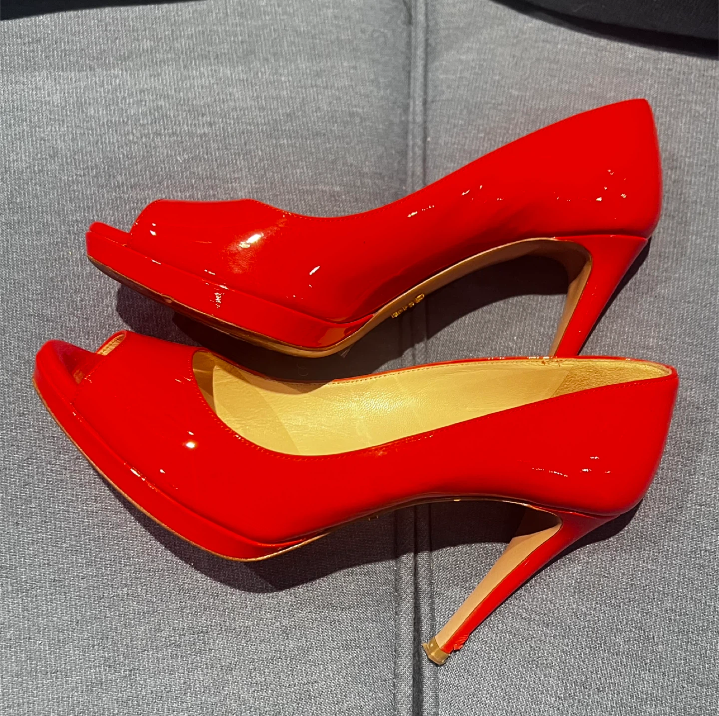Prada Red Patent Leather Peep-Toe Heels - Size 37 - photo 3