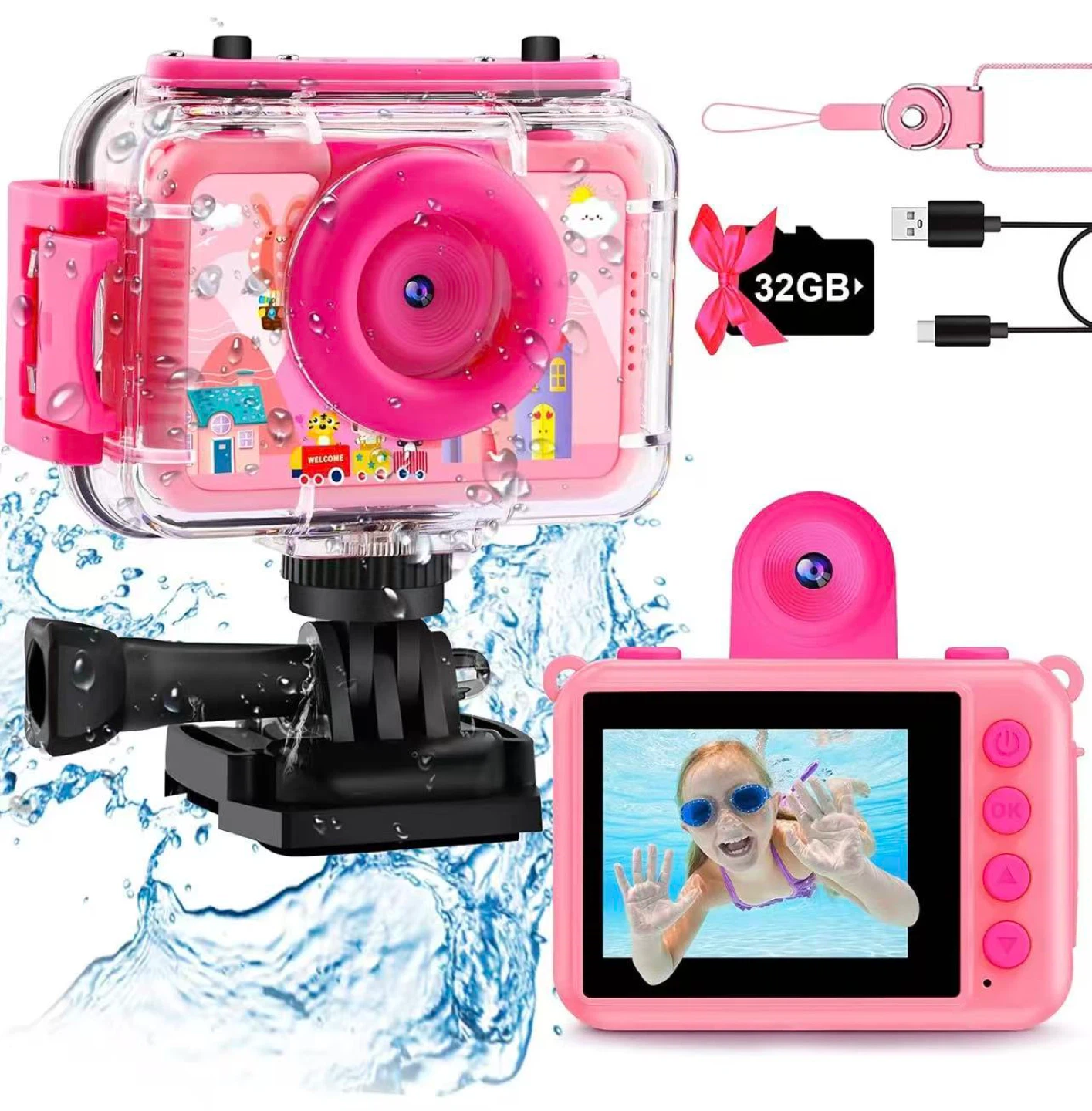 Pink Kids Waterproof Action Camera with 32GB Card