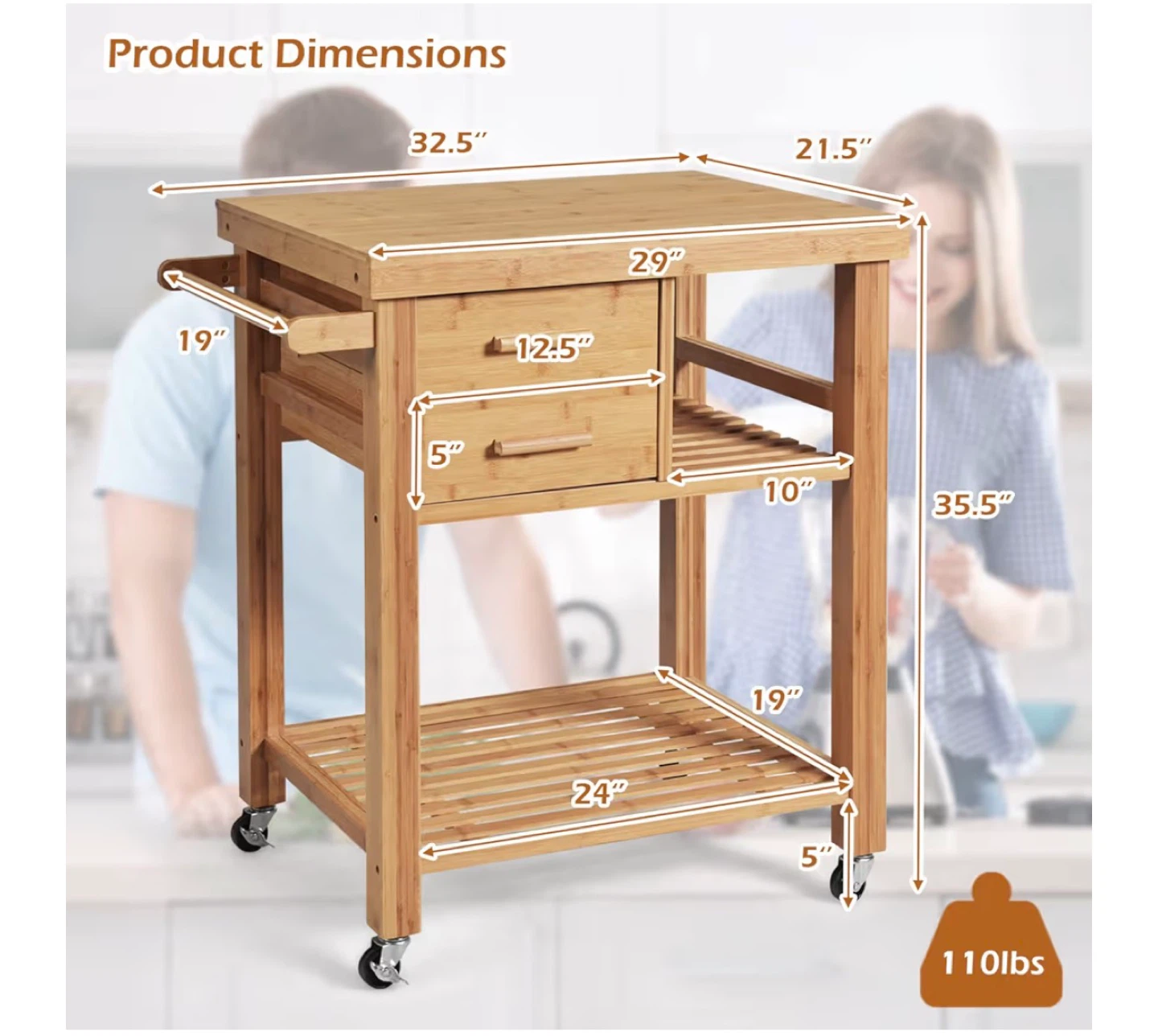 Bamboo Kitchen Cart with Drawers - photo 4