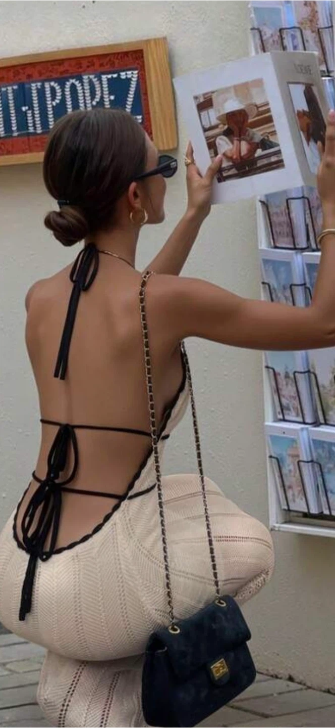 Cream Crochet Halter Maxi Dress with Black Trim - photo 4