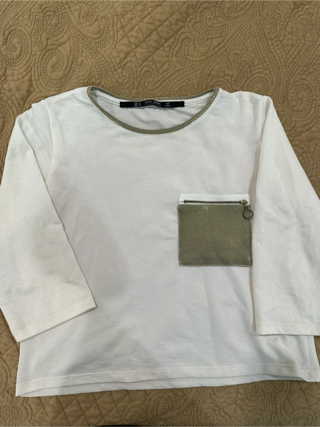 Zara Basic Collection White Long Sleeve Top with Pocket - Size M