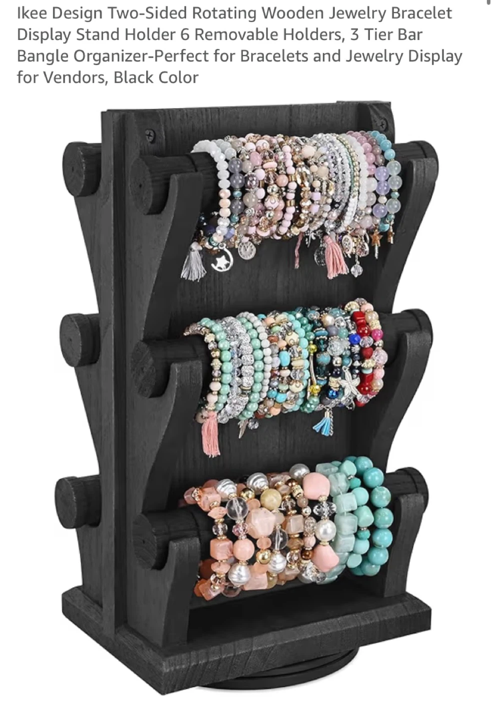 Ikee Design 3-Tier Rotating Wooden Jewelry Display Stand - Black