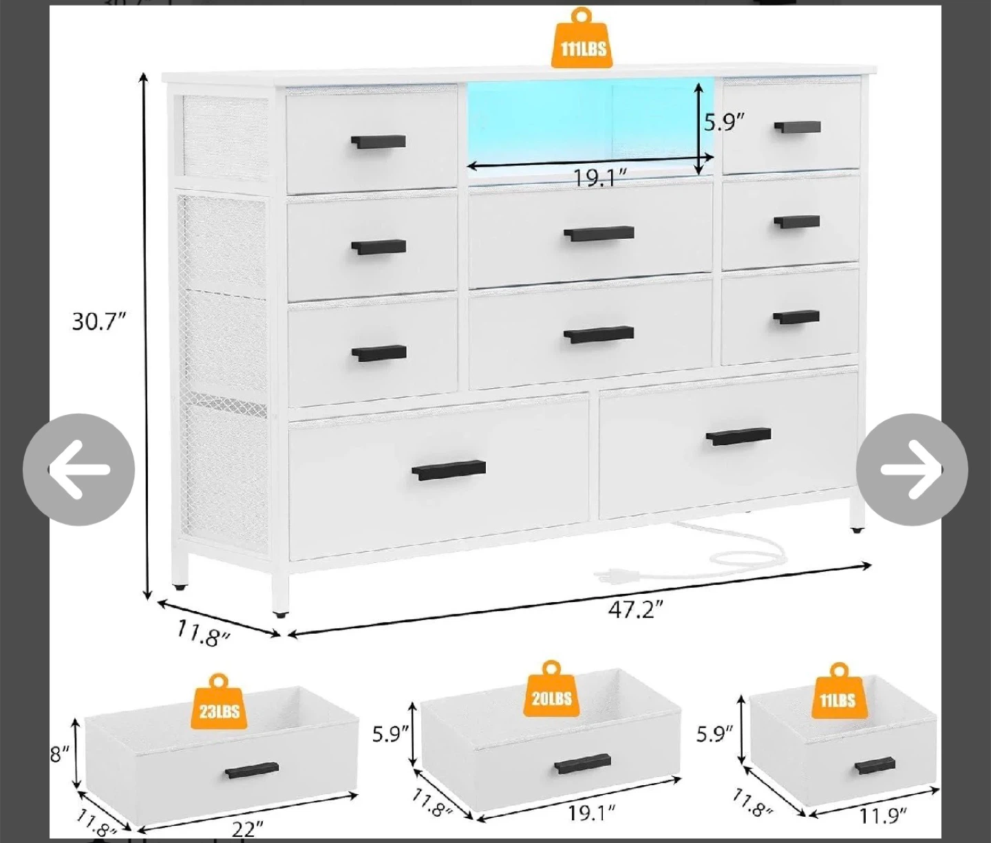 White 10-Drawer Dresser with LED Lights - photo 2