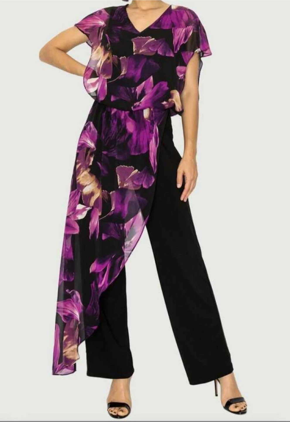 Black floral print jumpsuit with Chiffon overlay wide legs - photo 3
