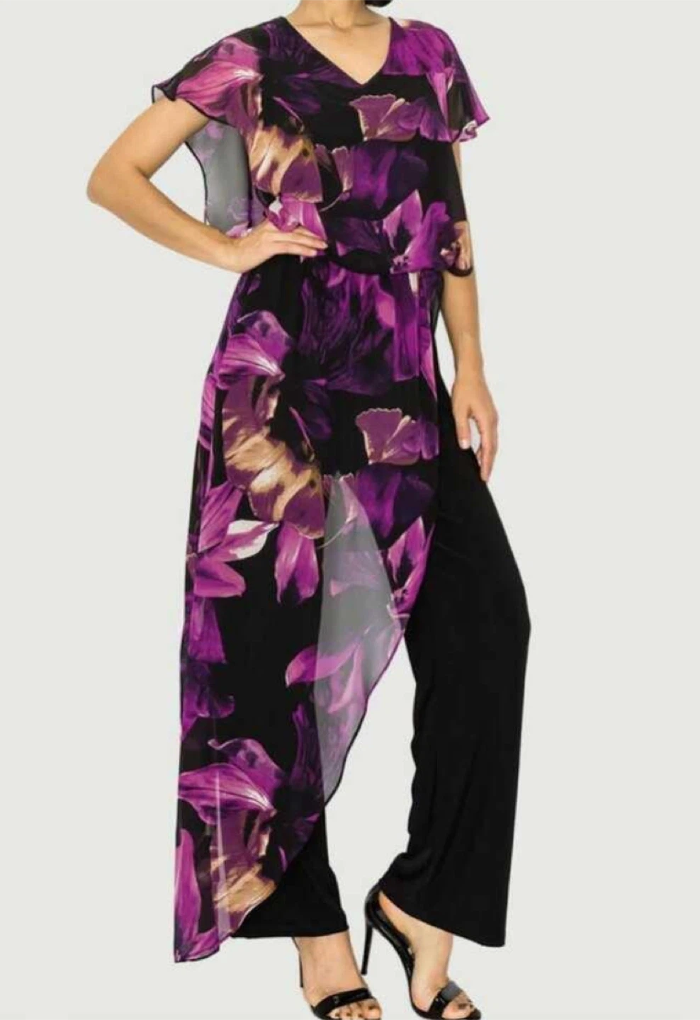Black floral print jumpsuit with Chiffon overlay wide legs - photo 2