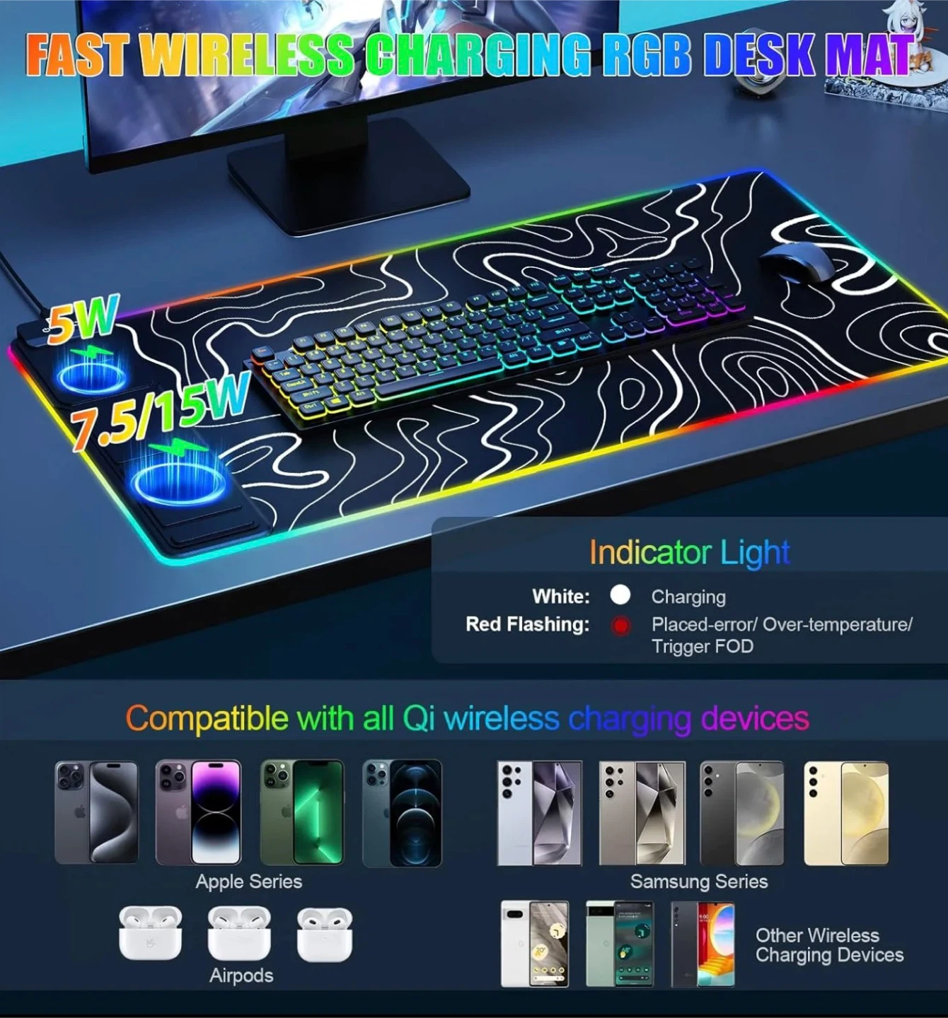 RGB Wireless Charging Desk Mat Pad 5W/7.5W/15W - photo 2