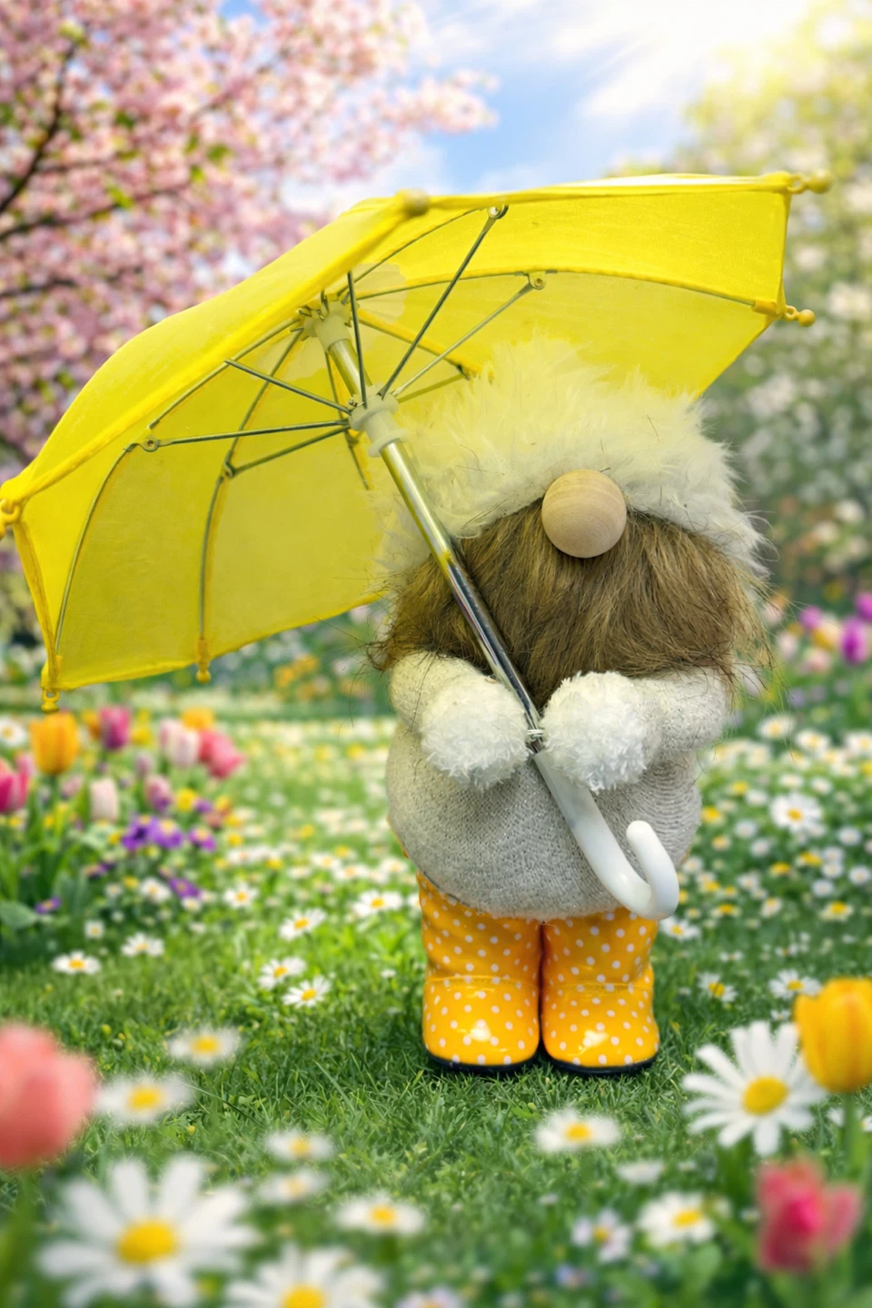 Spring Gnome with Yellow Umbrella and Polka Dot Boots