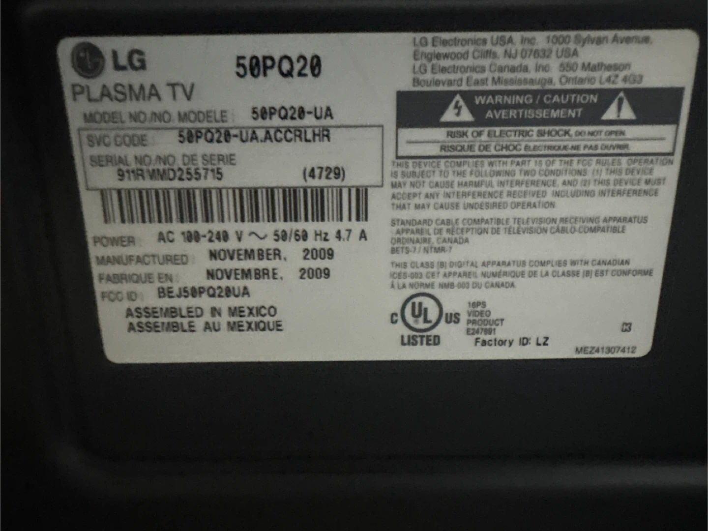 LG 50PQ20 Plasma TV - photo 2
