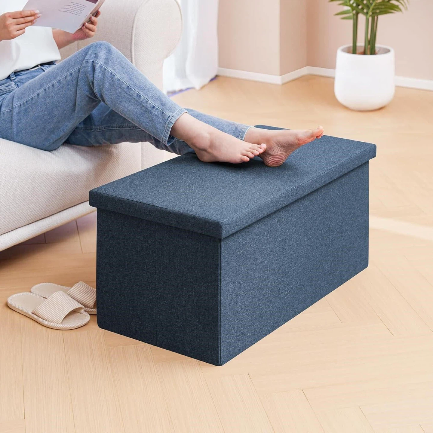 Blue Storage Ottoman Footrest