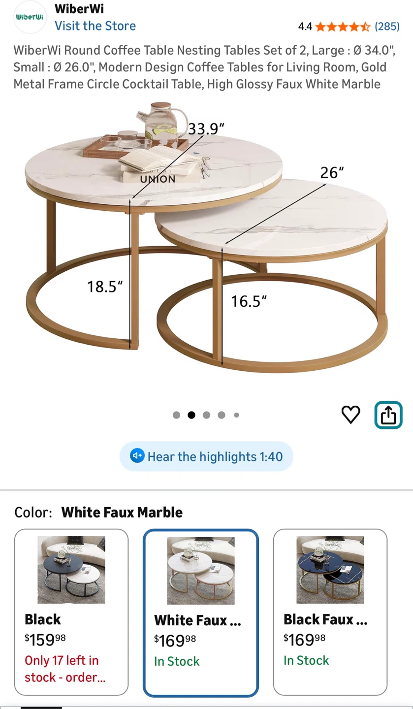 Round Coffee Table Nesting Set (2) - White Faux Marble - photo 3
