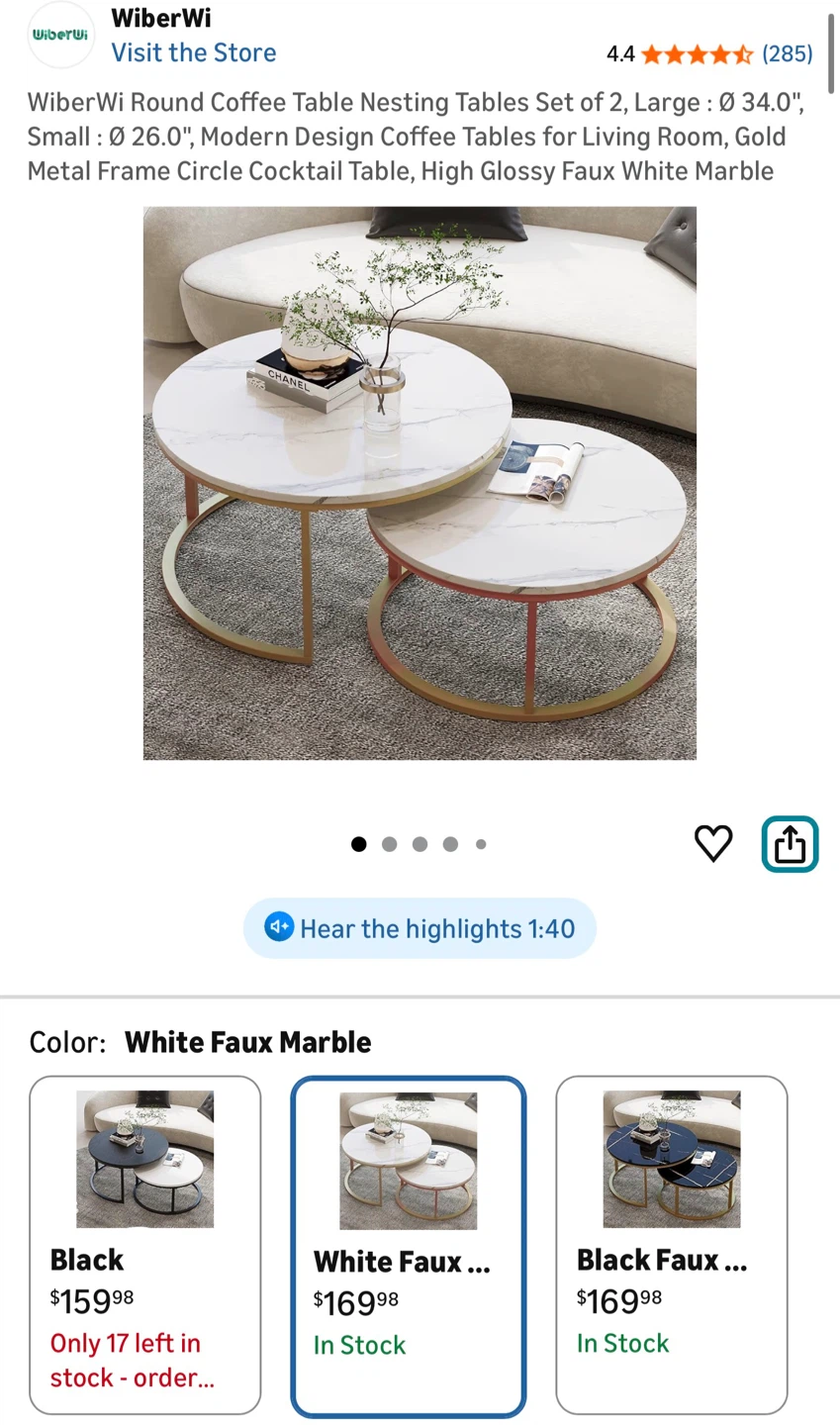 Round Coffee Table Nesting Set (2) - White Faux Marble - photo 4