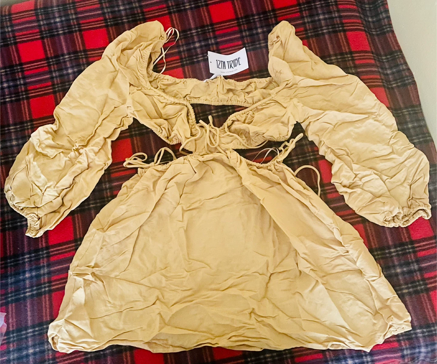 12th Tribe Beige Puff Sleeve Cutout Mini Dress