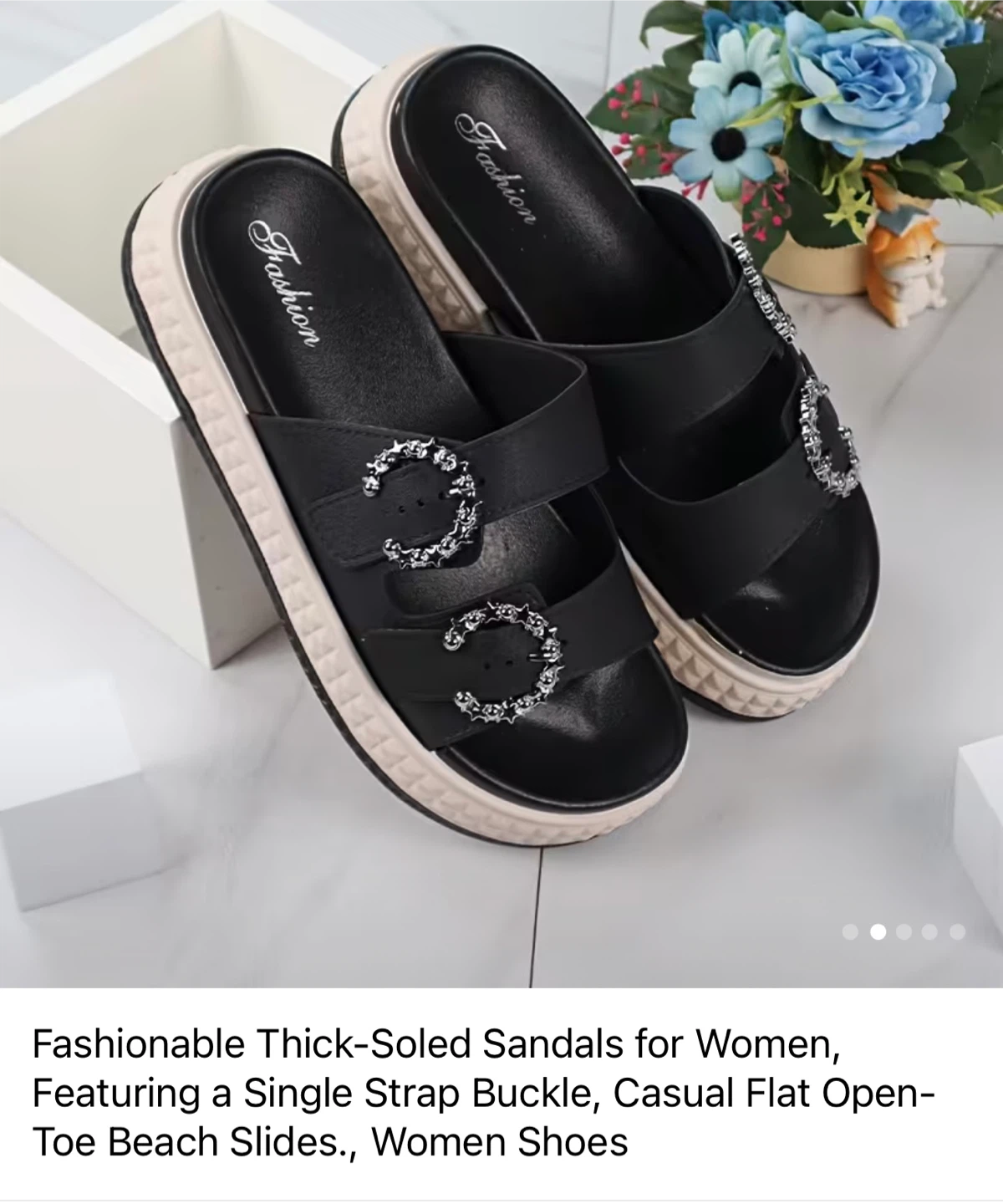 Women's Black Fashion Sandals with Buckle Detail