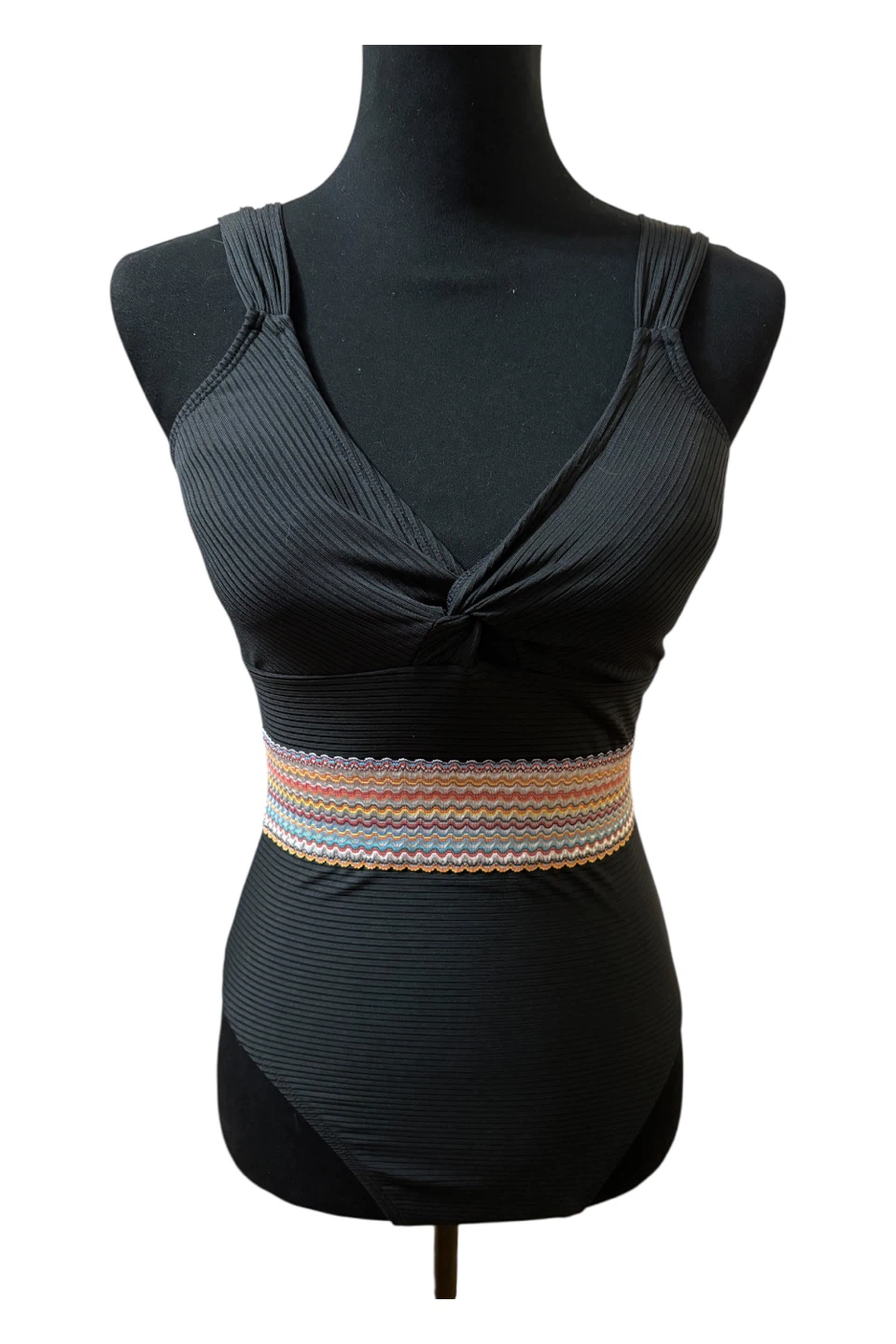 Black Ribbed One-Piece Swimsuit with Colorful Waistband