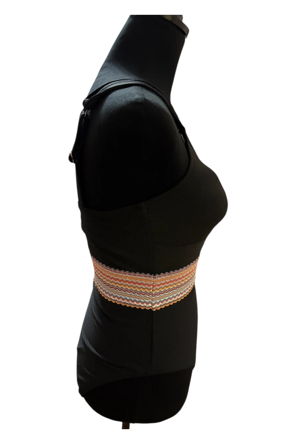 Black Ribbed One-Piece Swimsuit with Colorful Waistband - photo 5
