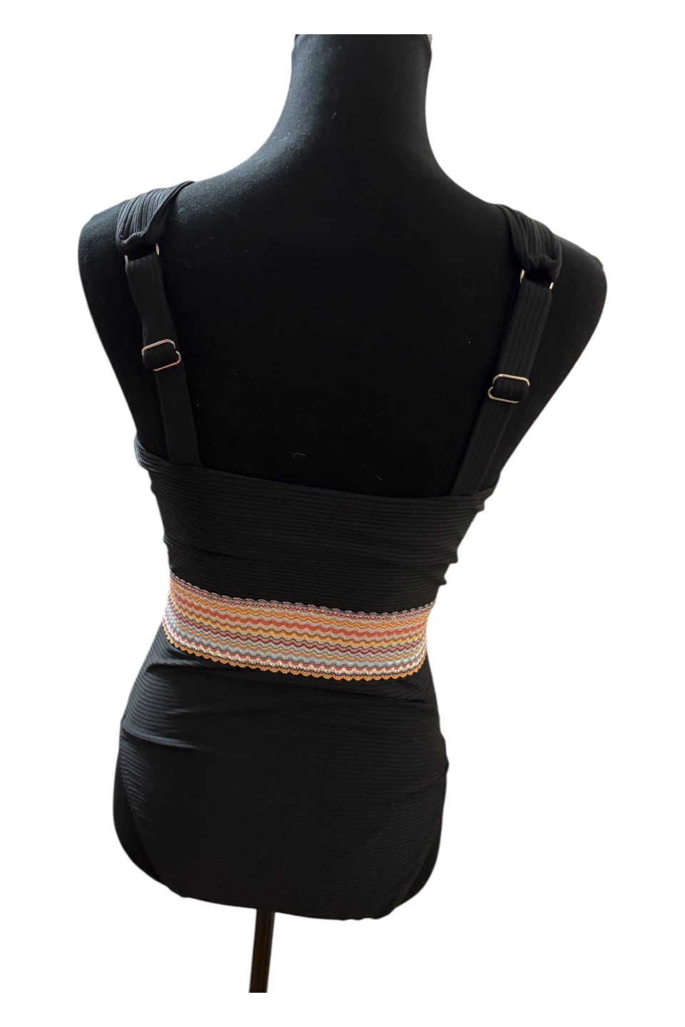 Black Ribbed One-Piece Swimsuit with Colorful Waistband - photo 4