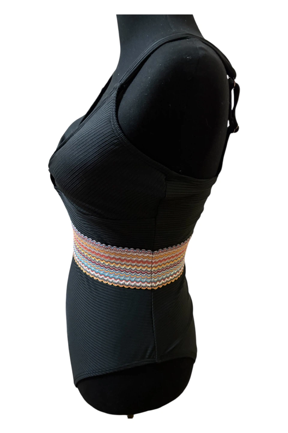 Black Ribbed One-Piece Swimsuit with Colorful Waistband - photo 3