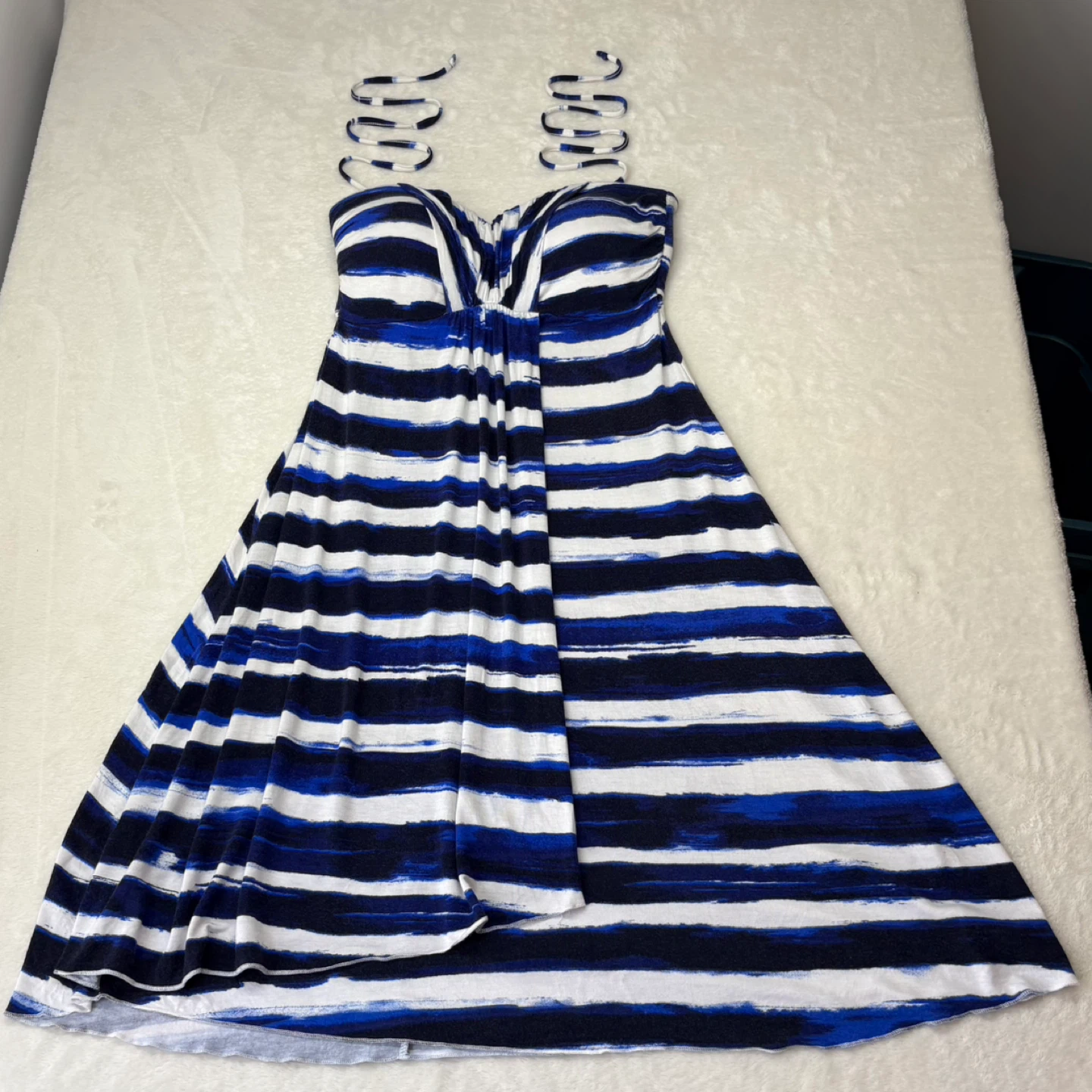 SKYE Blue Stripe Padded Bust Flyaway Halter Dress Size Small EUC - photo 2