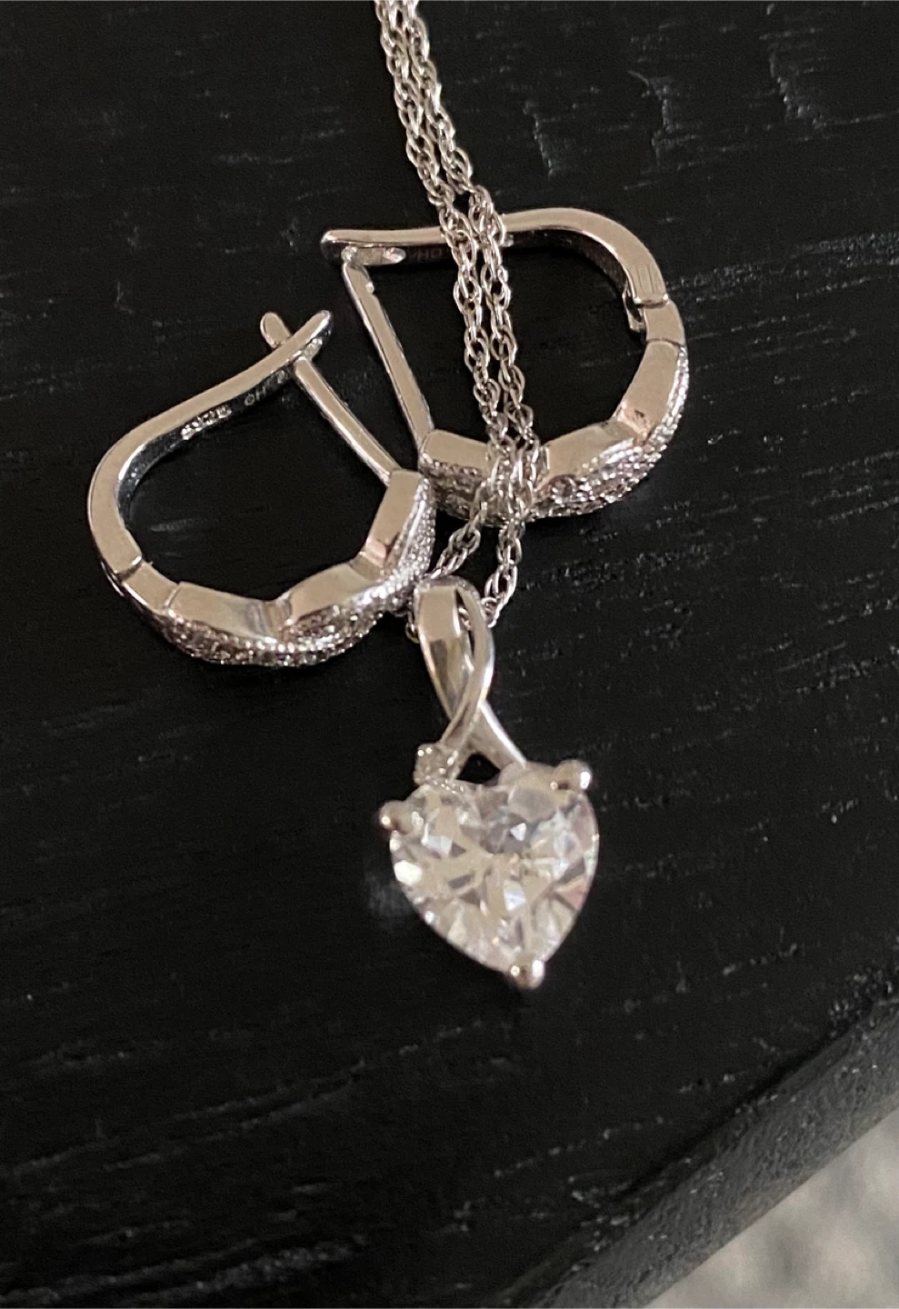 Sterling Silver Heart Pendant Necklace and CZ Hoop Earrings Set