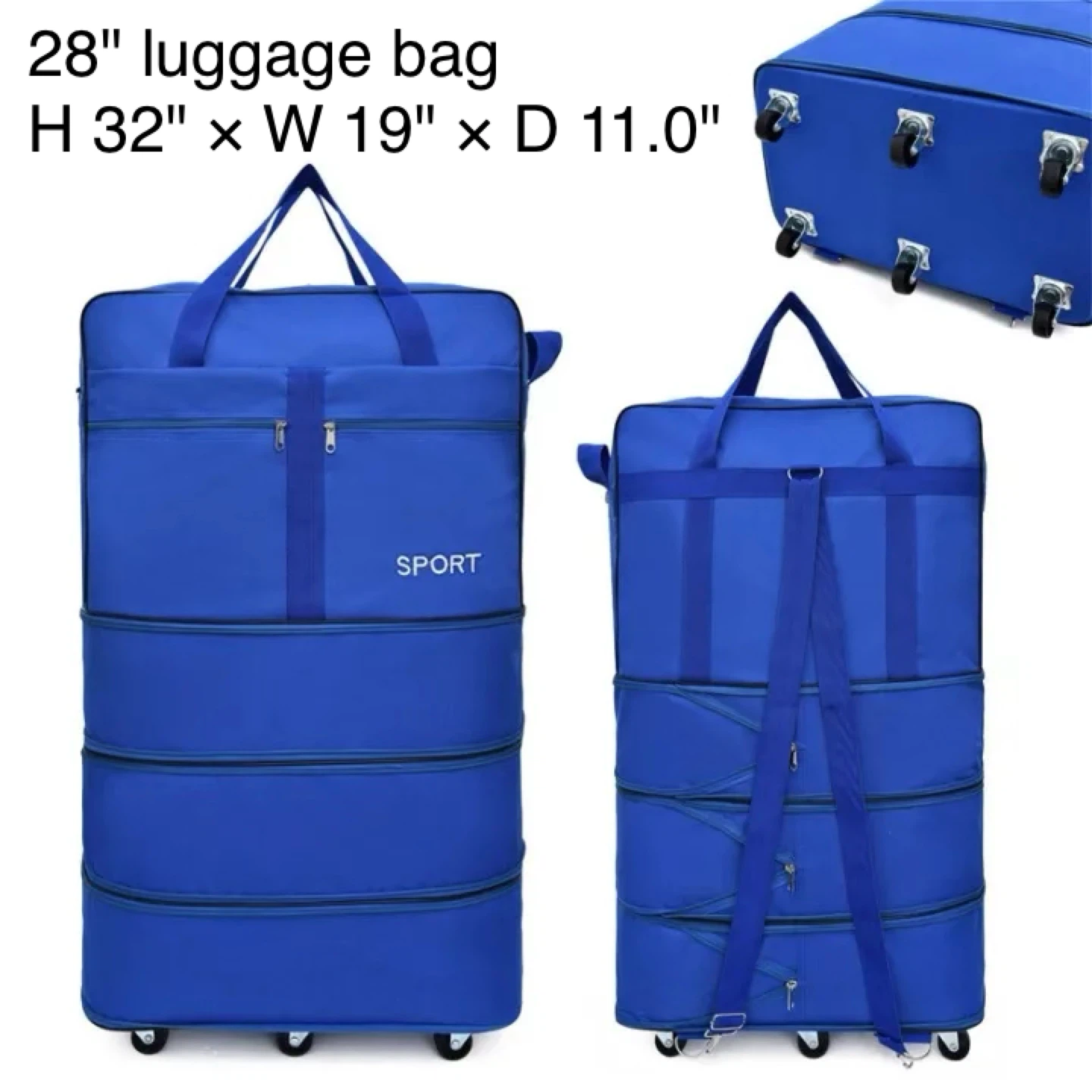 28" Zippers Expandable Blue Luggage Bag
