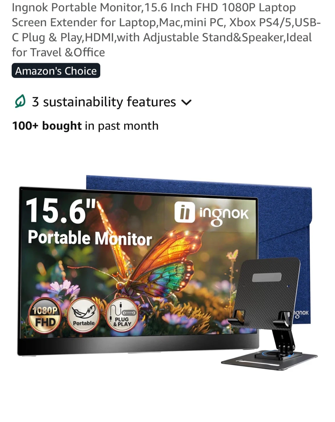 Ingnok 15.6 Inch FHD 1080P Portable Monitor