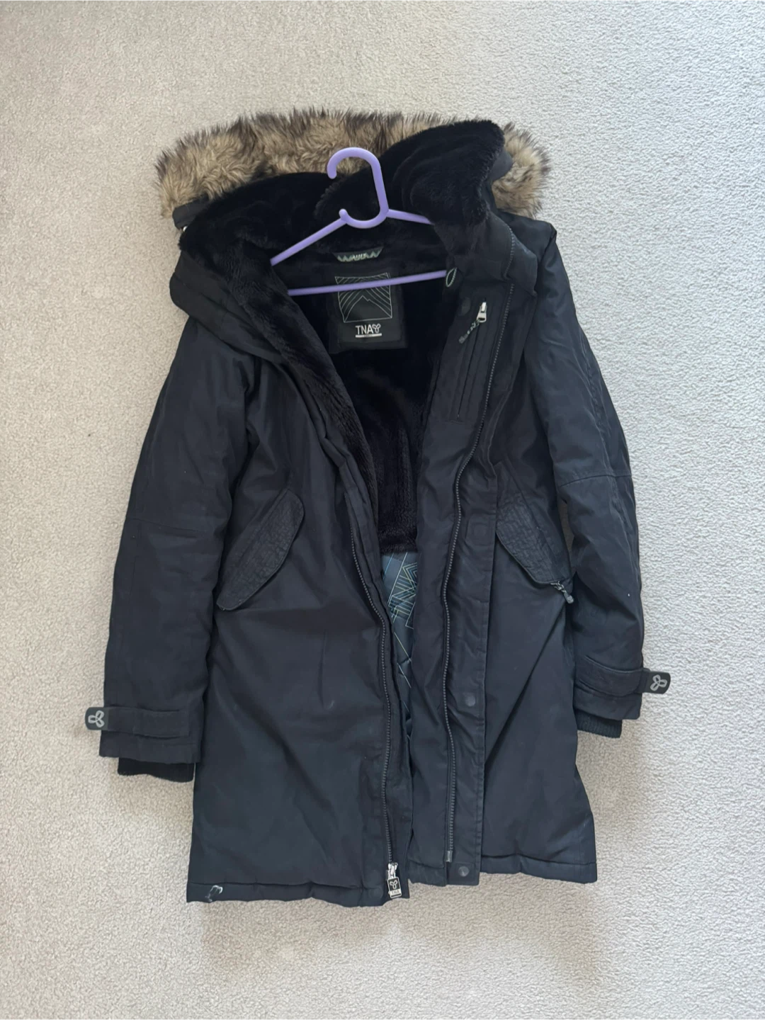 TNA Black Parka Coat with Faux Fur Trim