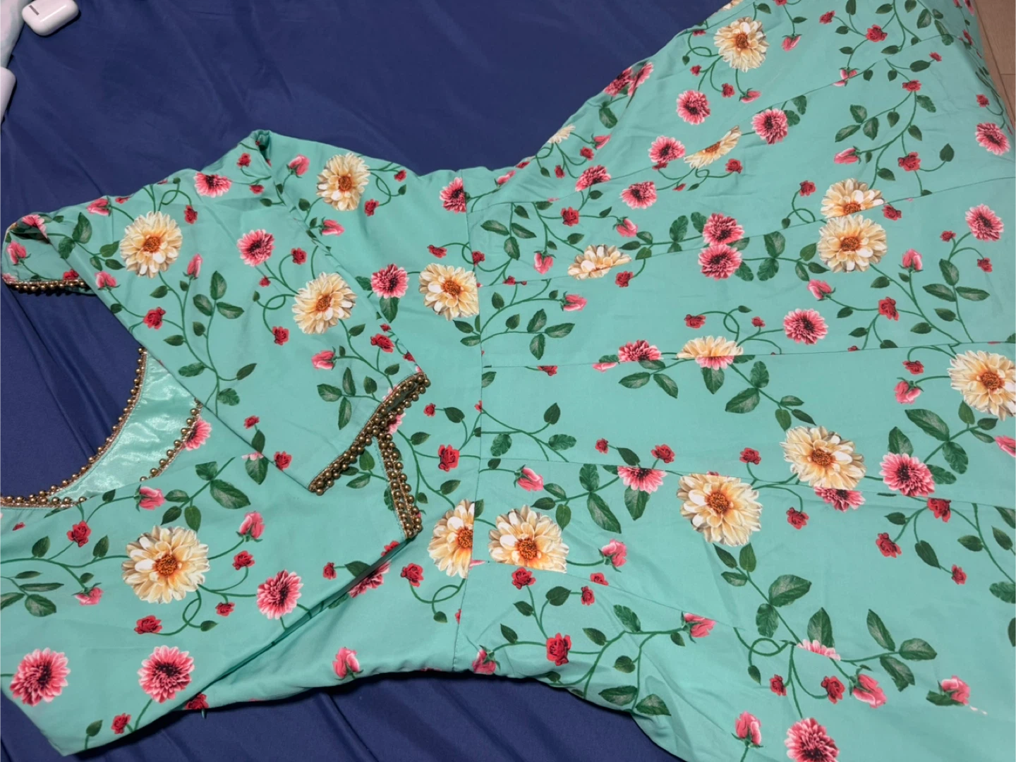Teal Floral Print Dress with Gold Embellishment - photo 2