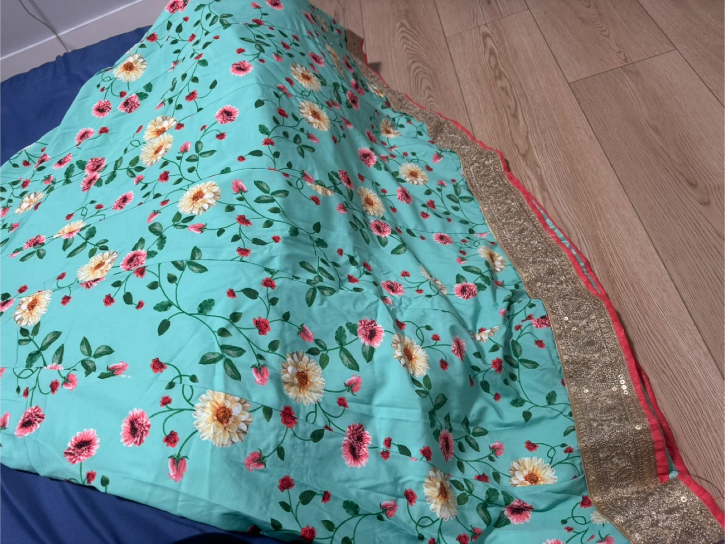 Teal Floral Print Dress with Gold Embellishment