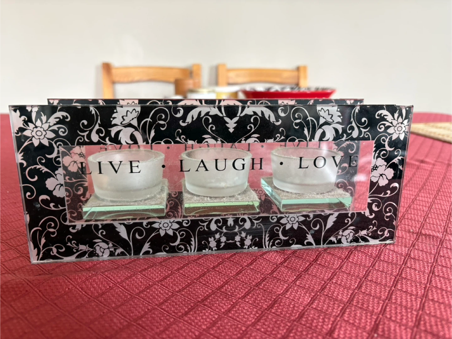 Three Votive Candle Holder with "Live Laugh Love"