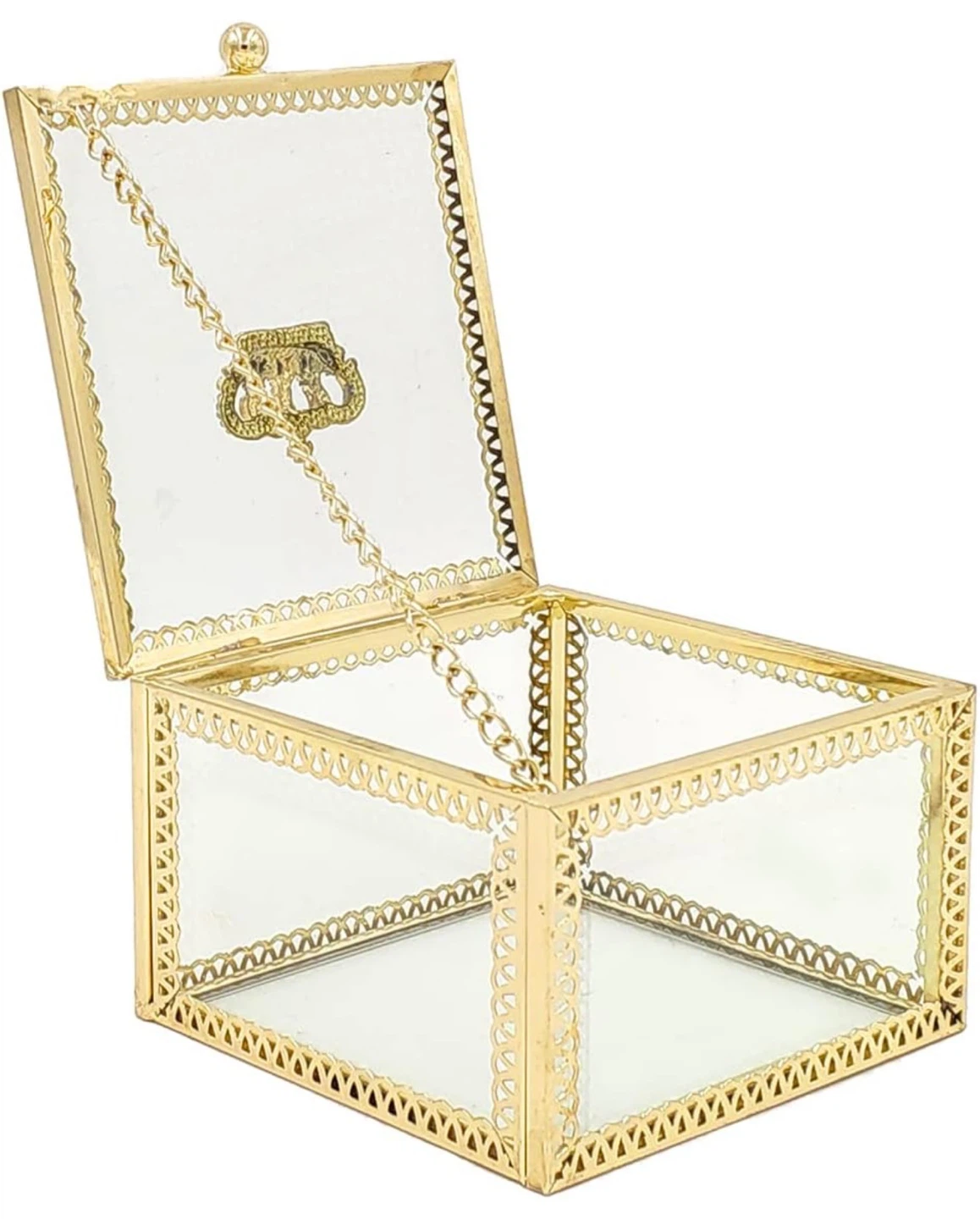Glass Jewelry Box with Gold Trim and Crown Accent