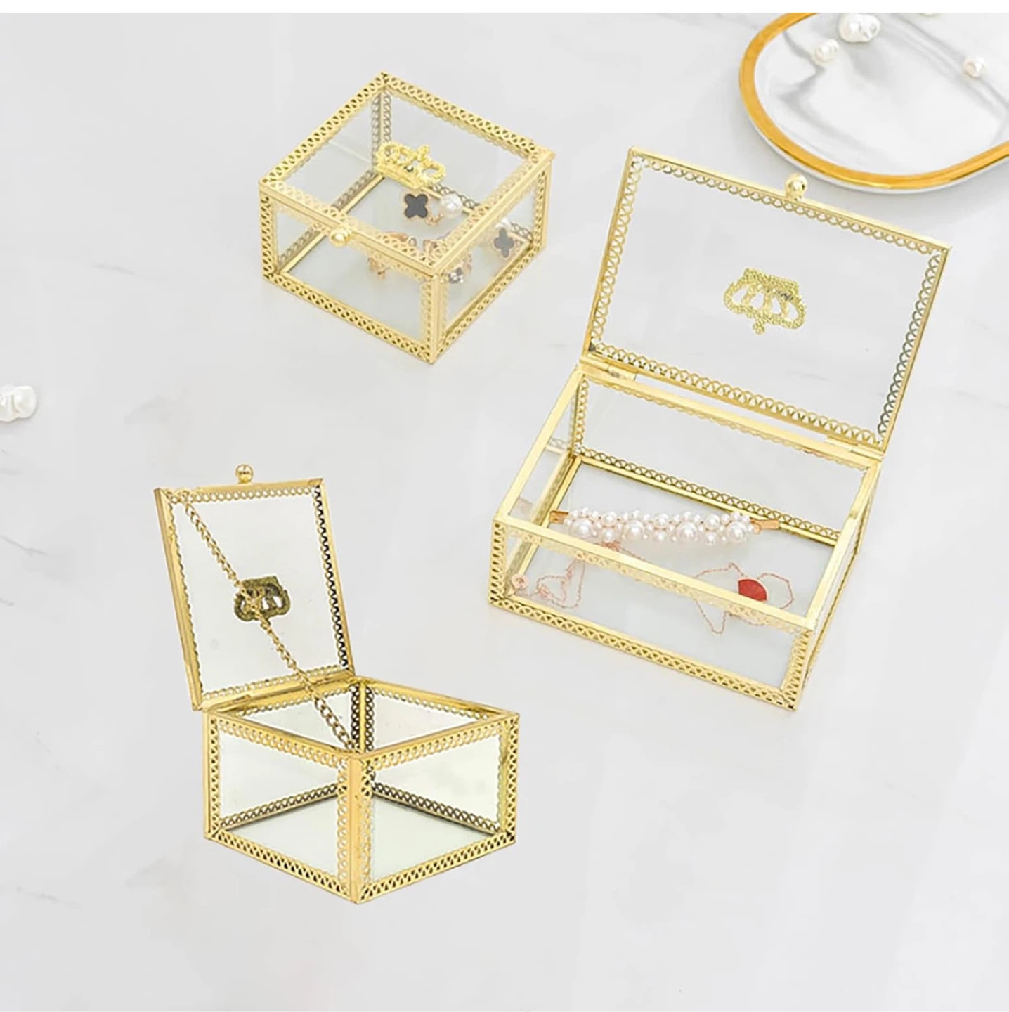 Glass Jewelry Box with Gold Trim and Crown Accent - photo 2