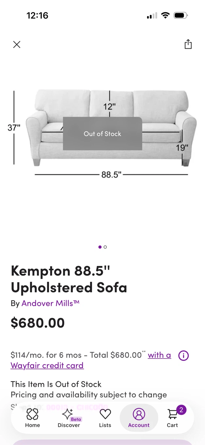 WAYFAIR Grey Upholstered 88.5” Couch