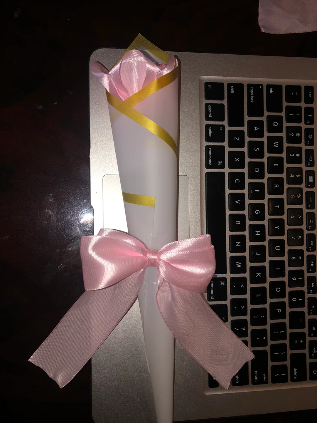 A single forever lasting wrapped pink rose
