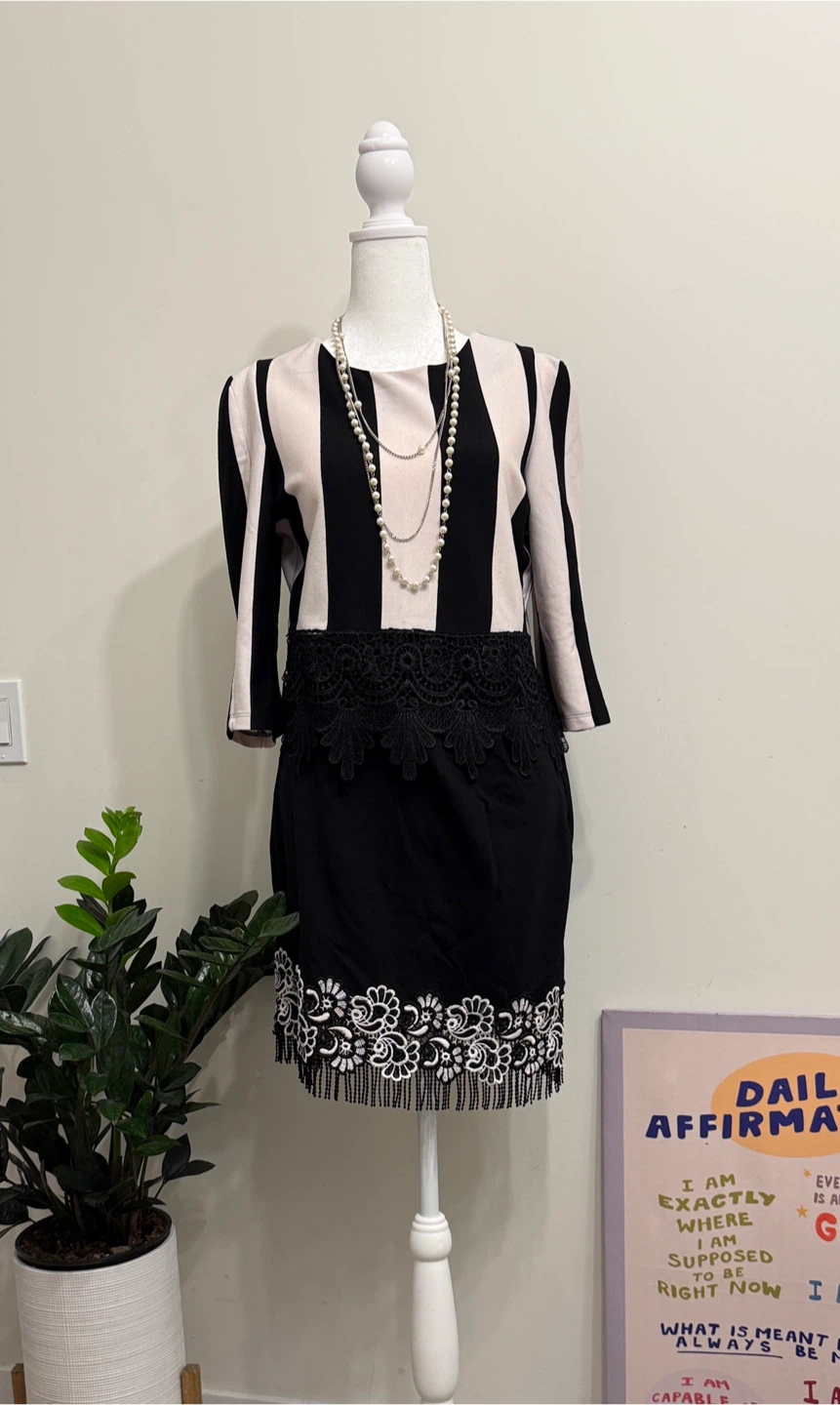 Striped Black and Pink Dress with Lace Trim - photo 5