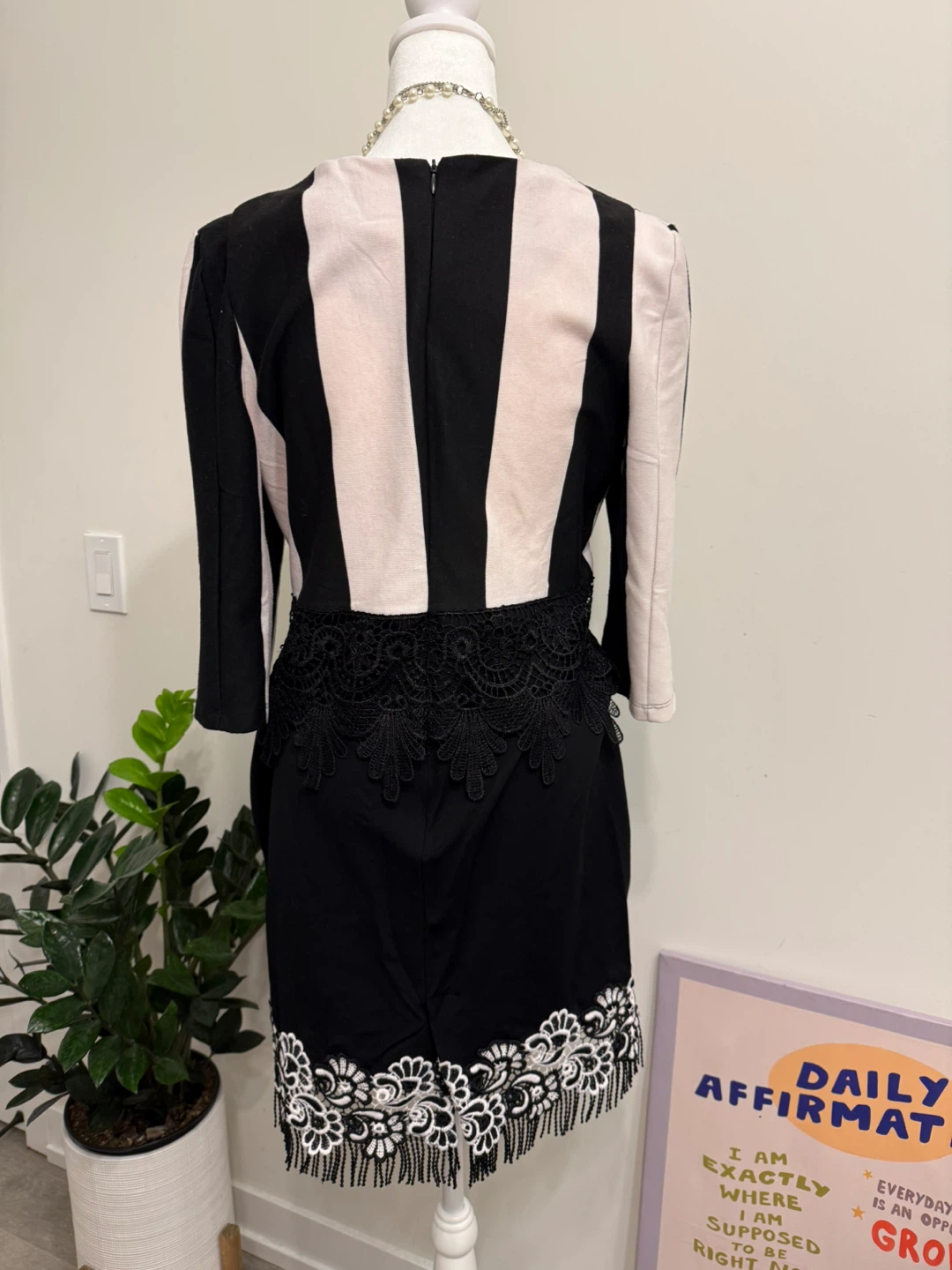 Striped Black and Pink Dress with Lace Trim - photo 3