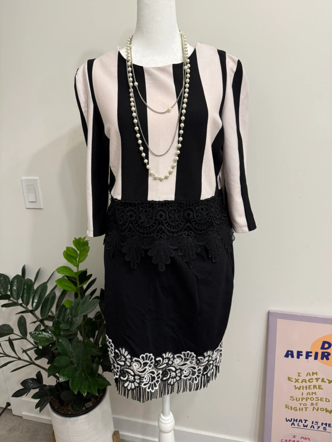 Striped Black and Pink Dress with Lace Trim