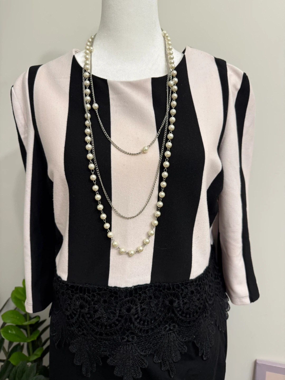 Striped Black and Pink Dress with Lace Trim - photo 2