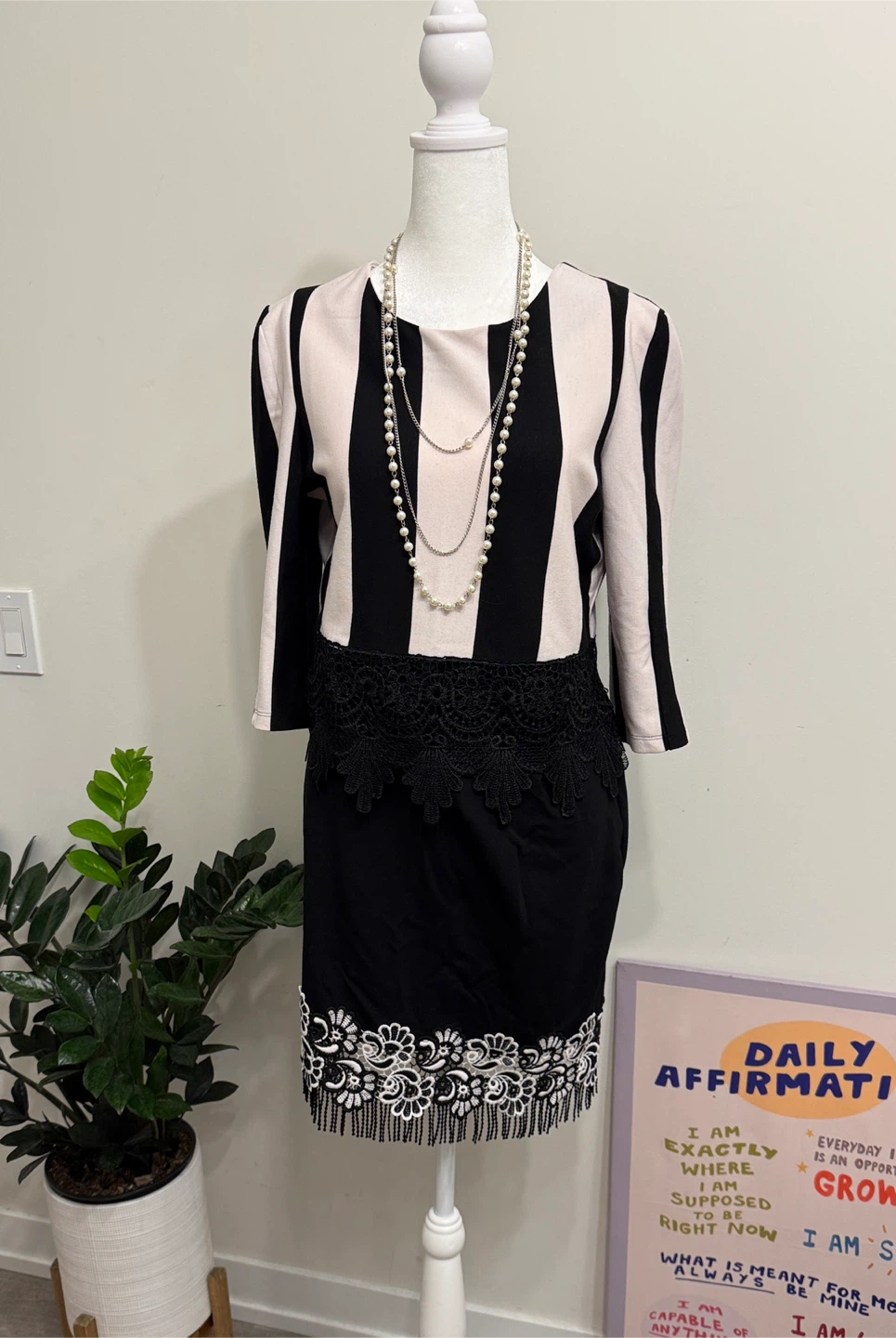 Striped Black and Pink Dress with Lace Trim - photo 4