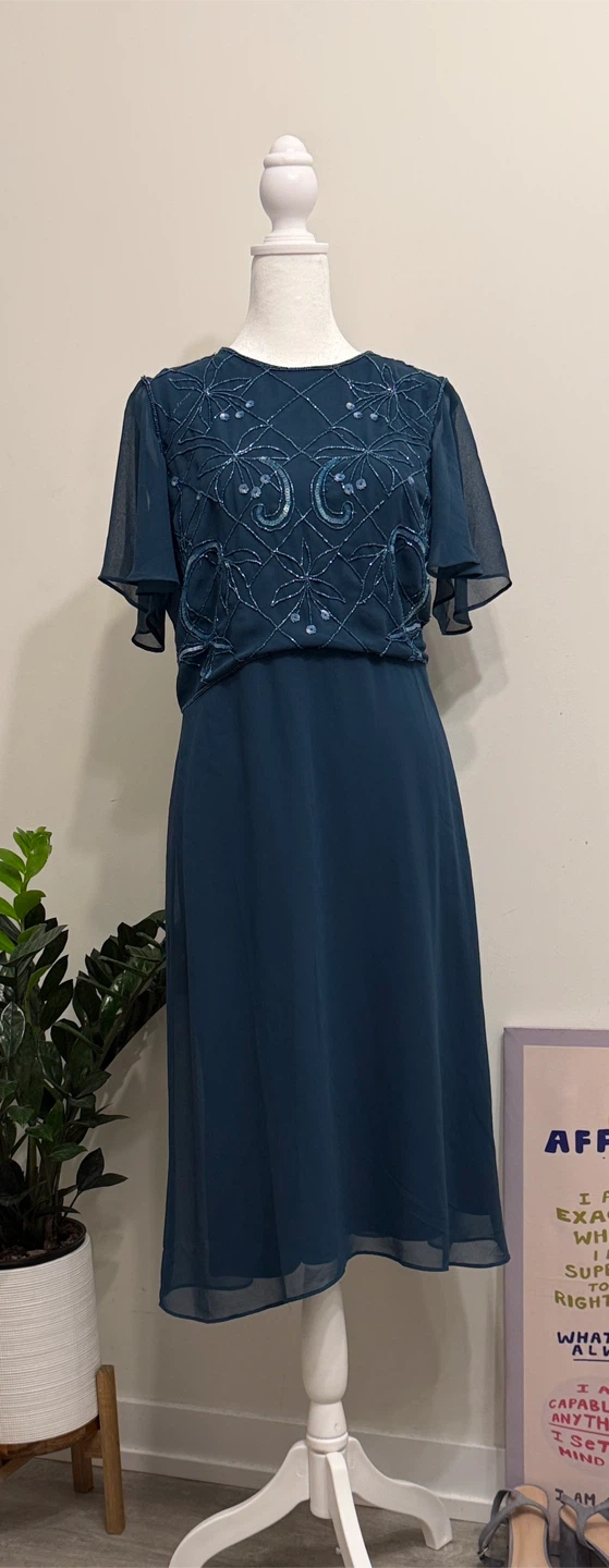 Teal Beaded Sheer Sleeve Dress