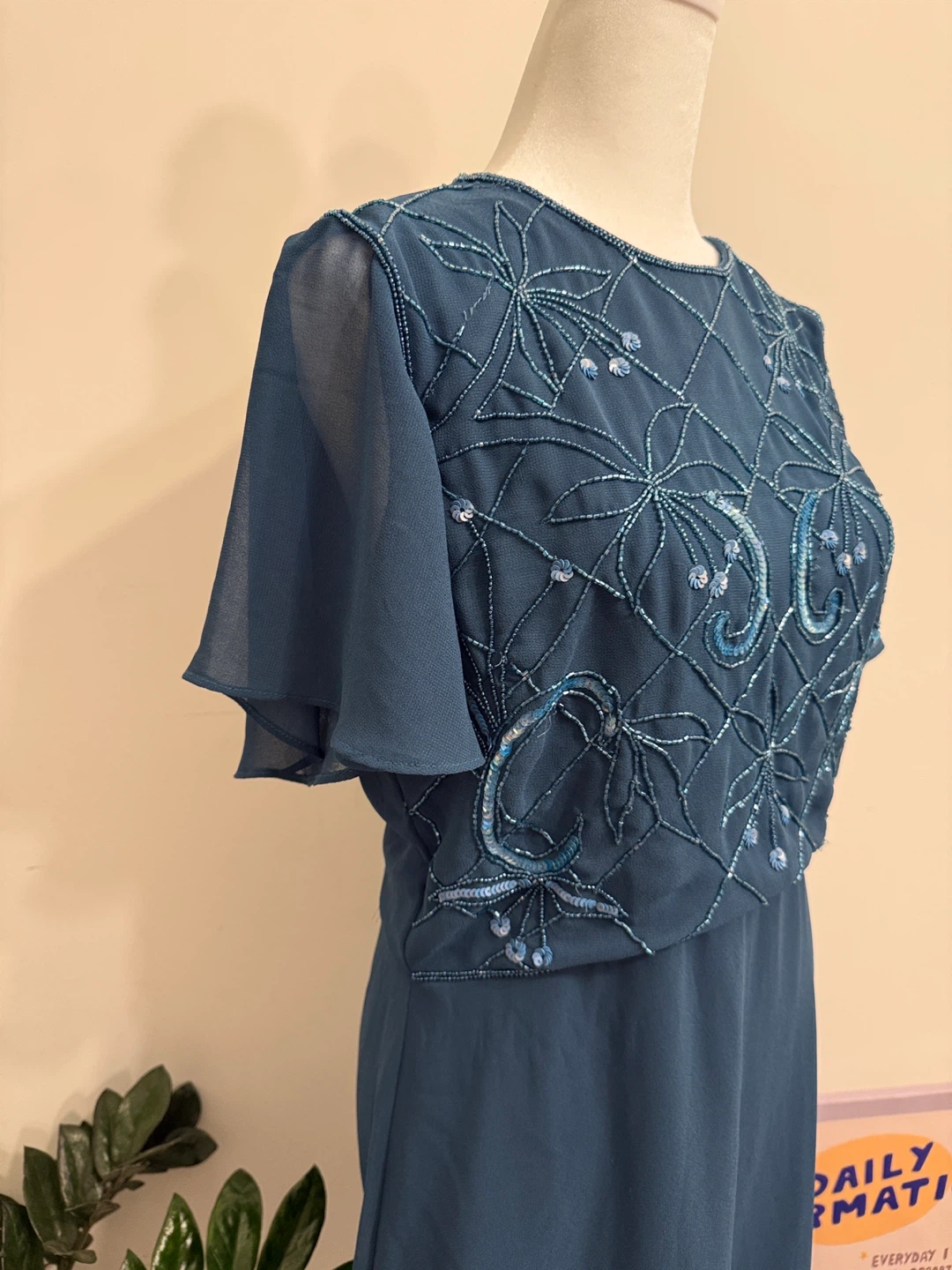 Teal Beaded Sheer Sleeve Dress - photo 3
