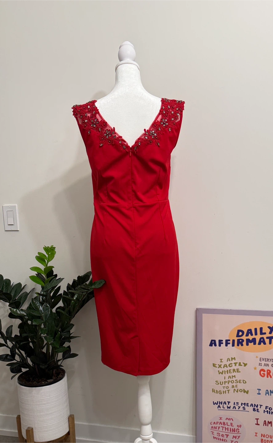 Red Sheath Dress with Embellished Neckline - photo 4