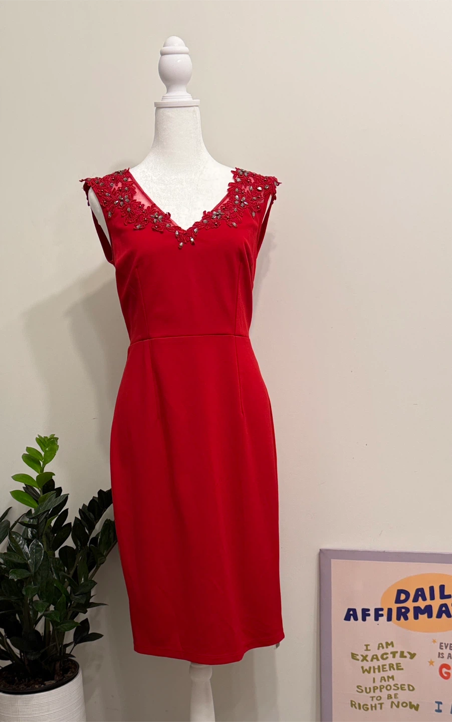 Red Sheath Dress with Embellished Neckline