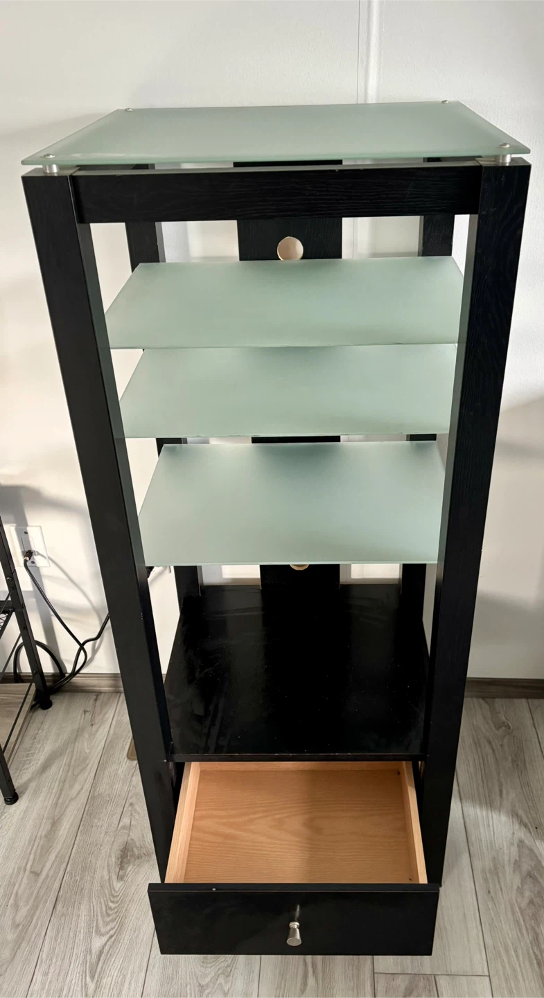 Black Entertainment Stand with Glass Shelves and Drawer - photo 3